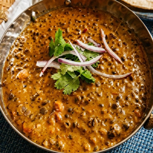 Close-up of a brass bowl filled with creamy dal makhani, garnished with red onion and cilantro.