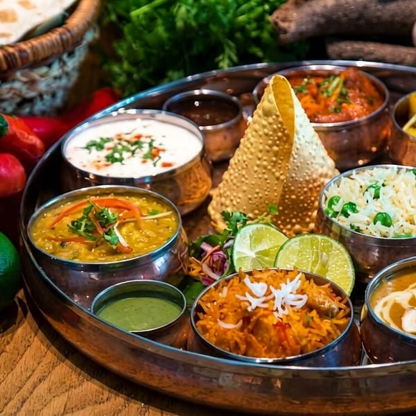 A vibrant Indian thali with various curries, rice, papadum, and fresh vegetables on a copper tray.