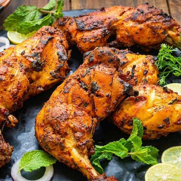 Grilled chicken legs with charred skin, garnished with lime slices, red onion, and mint on a black plate.
