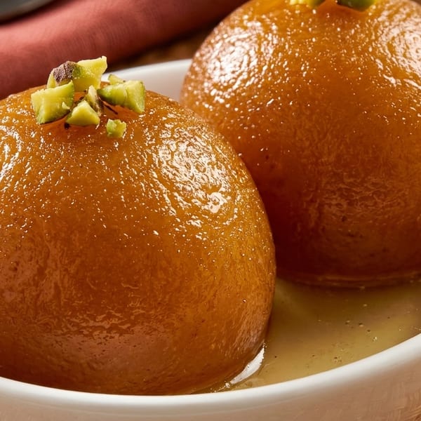 Two gulab jamun, golden-brown and glistening with syrup, garnished with chopped pistachios in a white bowl.