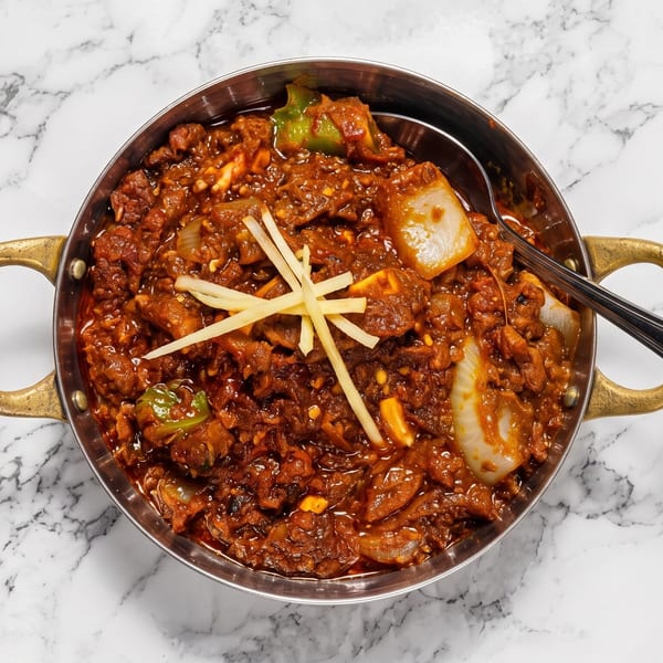 Top-down view of a karahi dish with meat, onions, peppers, and ginger in a brass-handled pot.