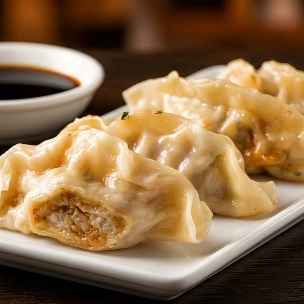 Four pan-fried dumplings with a side of soy sauce on a white rectangular plate.