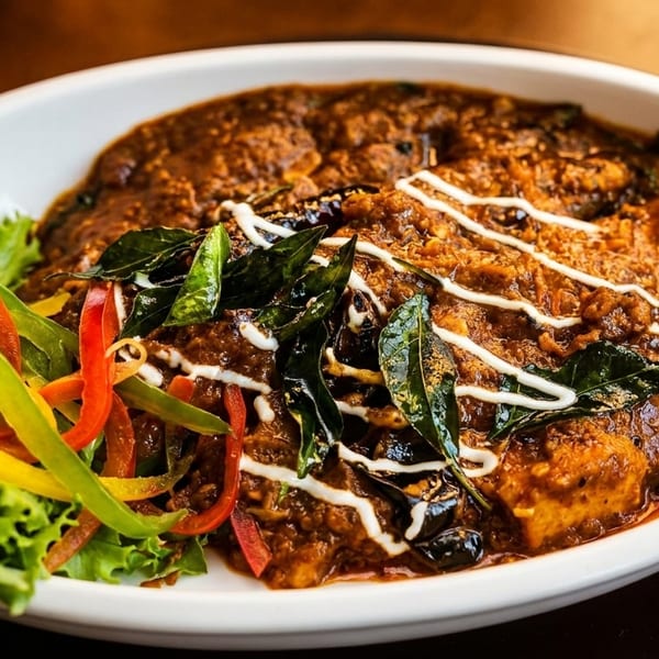 A rich, dark curry dish with white sauce drizzles, curry leaves, and a side salad.