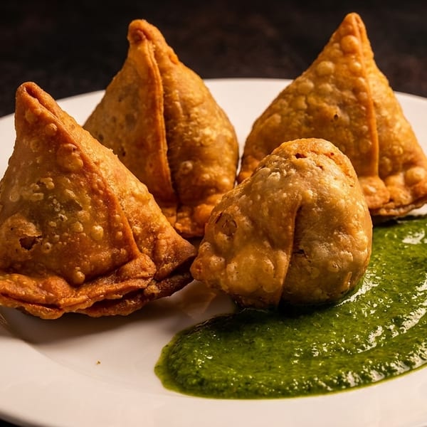 Four golden-brown samosas with a dollop of vibrant green chutney on a white plate.